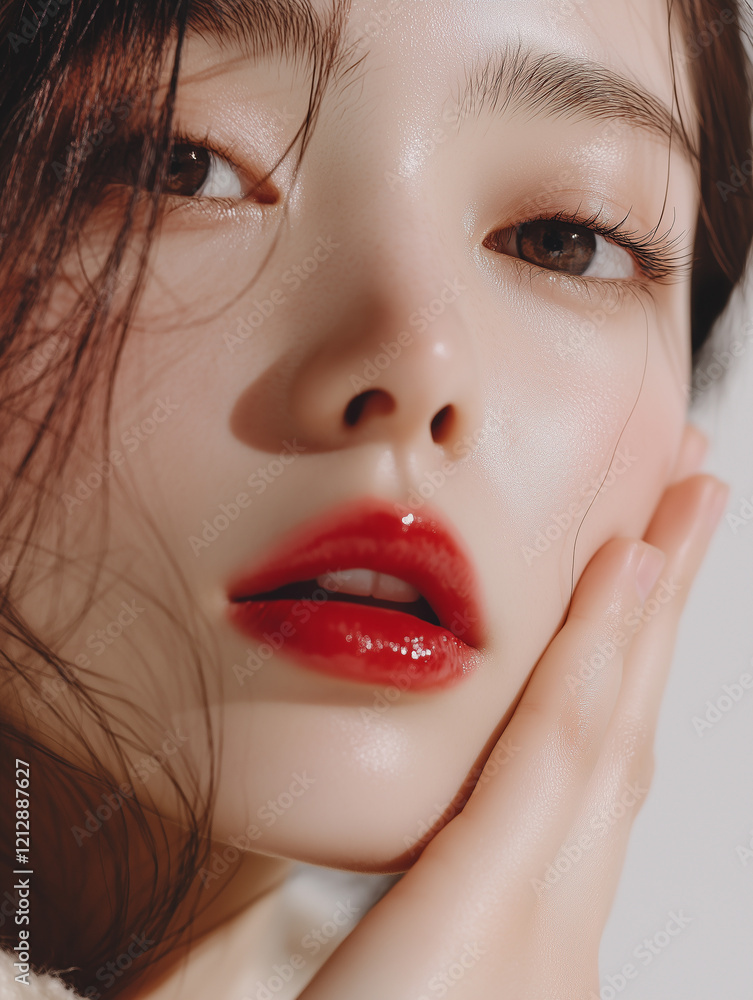 Attractive Portrait of a Young Woman with Radiant Makeup and Bold Red Lipstick Attractive Portrait of a Young Woman with Radiant Makeup and Bold Red Lipstick