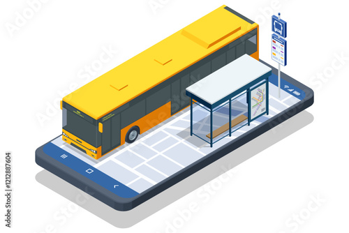 Isometric illustration of a bus stop designed with a digital display and route map. A smartphone interface integrated with the public transport system is shown.