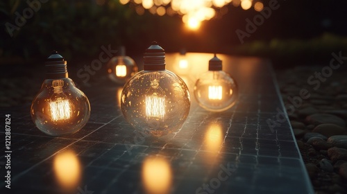 Sunset Illumination: Edison Bulbs Glowing on Solar Panel photo