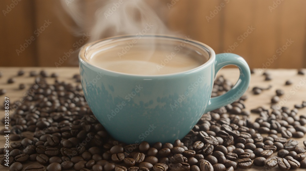 Obraz premium Steam Rising from a Blue Cup of Coffee on Roasted Beans