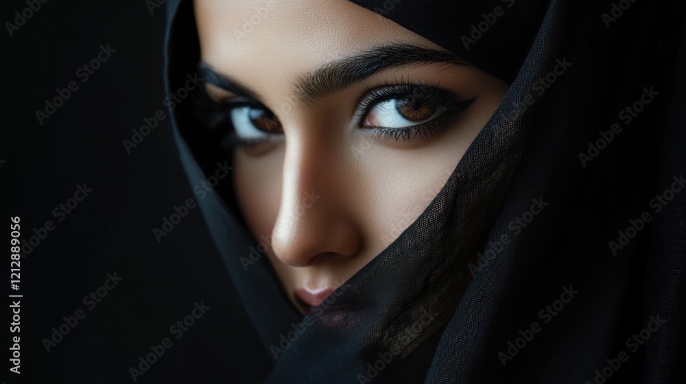 Naklejka premium beautiful young Muslim woman covered her face in black hijab. focus on the eyes