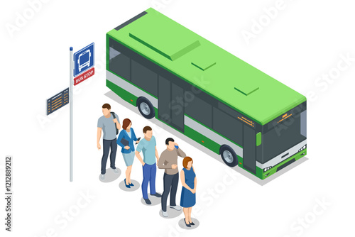 Green city bus at a bus stop with passengers forming an orderly queue. The stop has a red marked bus lane and clear signage for bus routes.