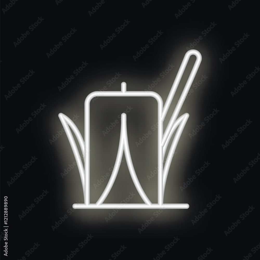 Φωτογραφία White neon sign of an extinguished candle with a matchstick and leaves on black