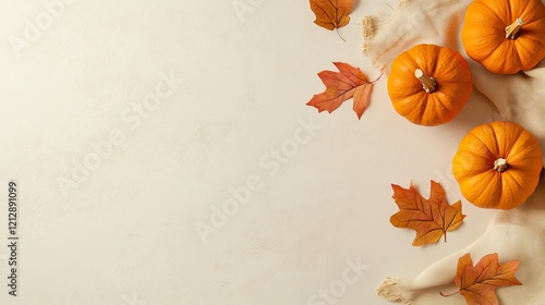 Festive autumn background decor from pumpkins and leaves on a white brown wooden background. Concept of Thanksgiving day or Halloween. Flat lay autumn composition with copy space photo