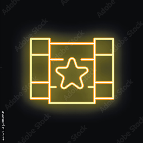 Yellow neon sign representing a movie clapperboard with a star, symbolizing the film industry, on a black background