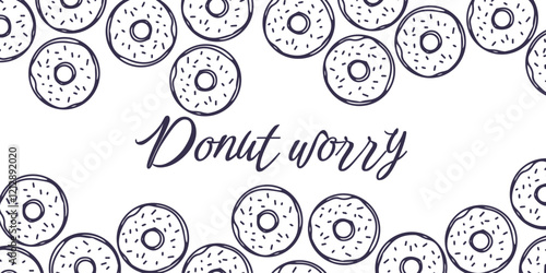 Donut worry header background. Dessert horizontal frame. Hand drawn