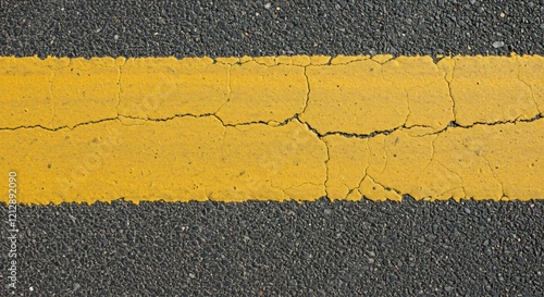 A cracked yellow road marking on rough asphalt, highlighting the weathered texture and contrast between the line and the dark pavement. photo