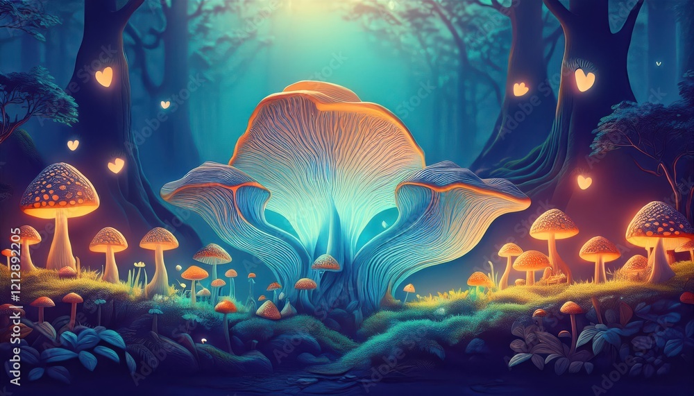 Naklejka premium Lush greenery surrounds luminescent mushrooms, creating a dreamlike atmosphere in a spring forest.