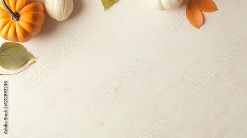 Festive autumn background decor from pumpkins and leaves on a white brown wooden background. Concept of Thanksgiving day or Halloween. Flat lay autumn composition with copy space photo