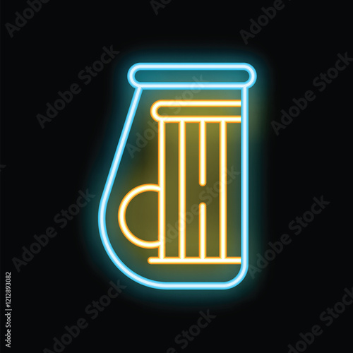 Blue and yellow neon sign showing a pint of beer on a black background