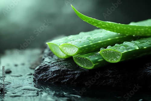 Fresh aloe vera leaves with water drops on a dark background