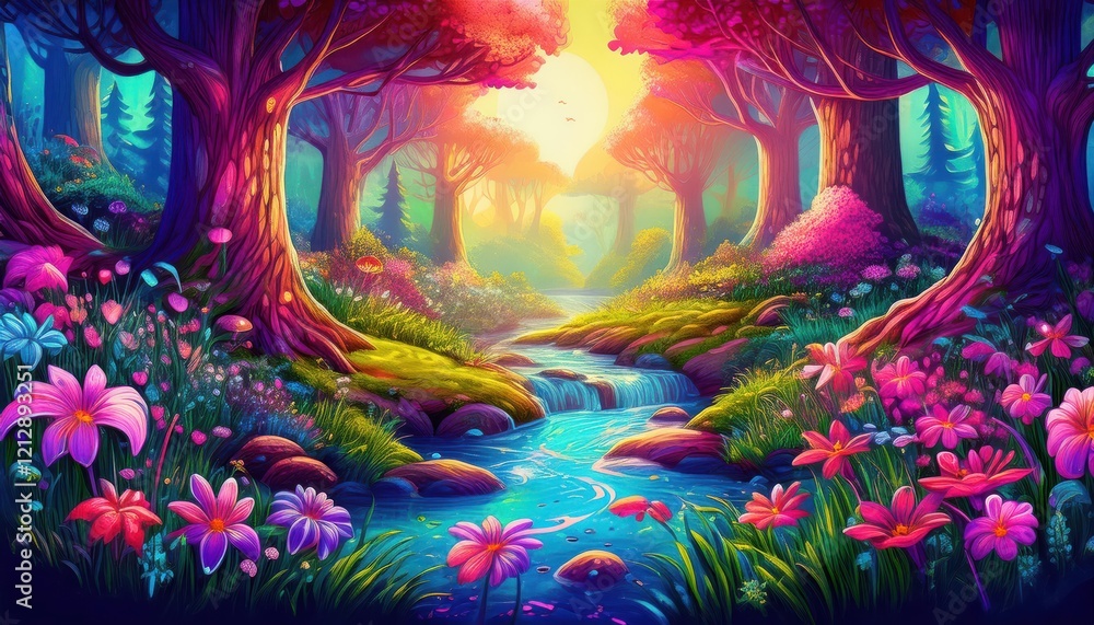 Fototapeta premium Colorful flowers and lush greenery surround a gentle stream under a radiant spring sunlight.