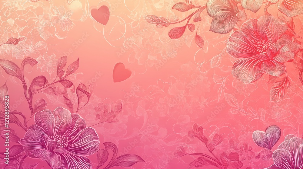 Romantic Valentine's Day Design, Gradient Pink to Red Background, Graphic Art, Floral Patterns, Heart Bokeh, Digital Creation Romantic Valentine's Day Design, Gradient Pink to Red Background, Graphic Art, Floral Patterns, Heart Bokeh, Digital Creation