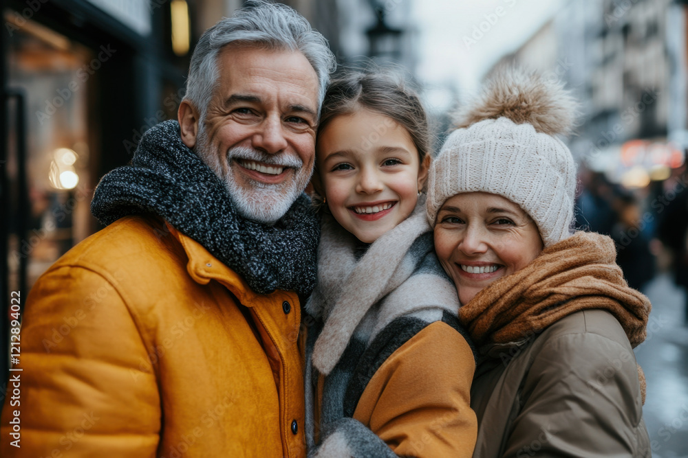 Warm Family Hug in Winter with Smiling Faces Warm Family Hug in Winter with Smiling Faces