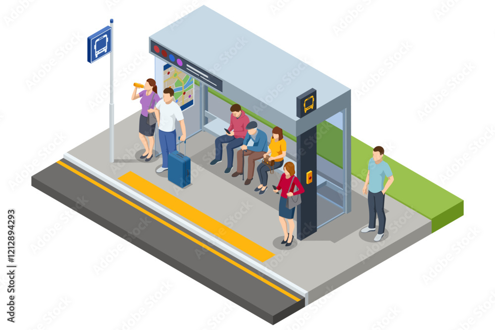 A detailed isometric vector image of a public bus stop. Includes people waiting, reading, and interacting in a sheltered area with schedules and a bench. Organized bus lane beside the stop. A detailed isometric vector image of a public bus stop. Includes people waiting, reading, and interacting in a sheltered area with schedules and a bench. Organized bus lane beside the stop.