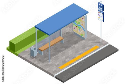 A detailed isometric vector image of a public bus stop.