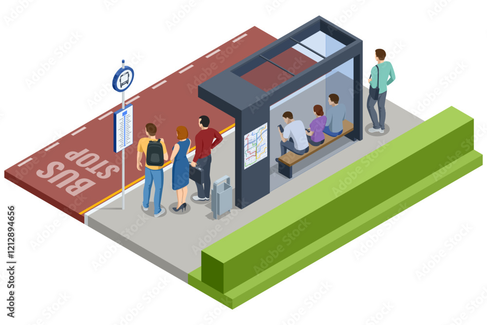 Isometric vector showing a high-tech bus stop with interactive ticket vending machines and a detailed route map. People waiting for the bus Isometric vector showing a high-tech bus stop with interactive ticket vending machines and a detailed route map. People waiting for the bus