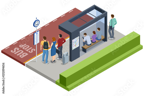 Isometric vector showing a high-tech bus stop with interactive ticket vending machines and a detailed route map. People waiting for the bus