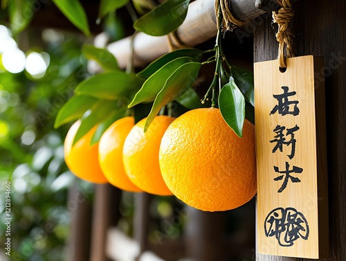 Shimekazari with vivid oranges and lucky charms, displayed on a wooden gate surrounded by bamboo photo