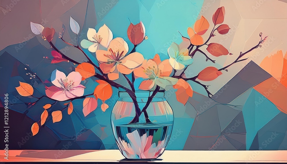 Φωτογραφία Delicate flowers and colorful leaves thrive in a clear vase, showcasing the beauty of springtime
