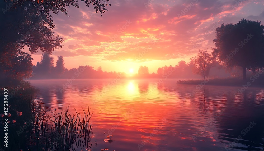 Serene sunset over calm lake, reflecting vibrant colors in the water, surrounded by tranquil trees and fog. Serene sunset over calm lake, reflecting vibrant colors in the water, surrounded by tranquil trees and fog.