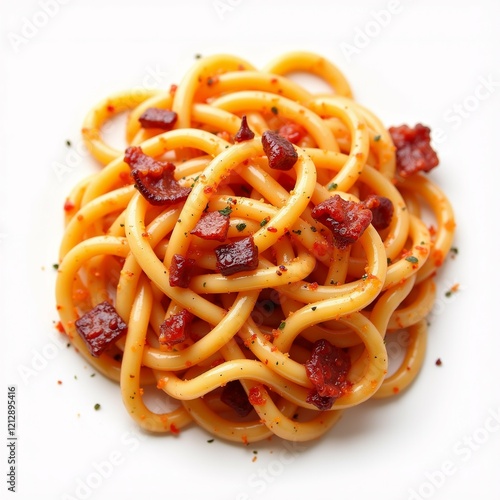 The image shows a plate of spaghetti with tomato sauce and bacon bits scattered on top. The spaghetti is long and thin, and it appears to be cooked al dente. photo