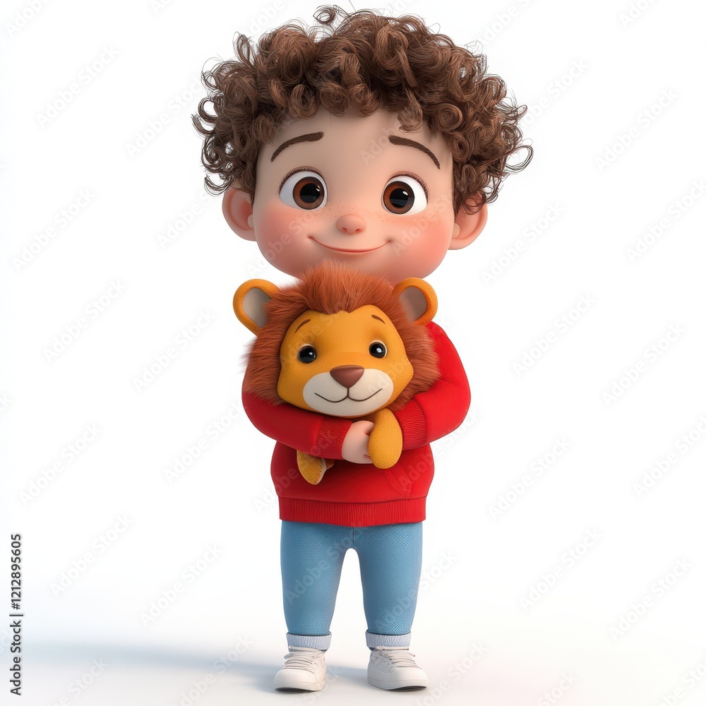 Curly haired boy hugging a lion toy Curly haired boy hugging a lion toy