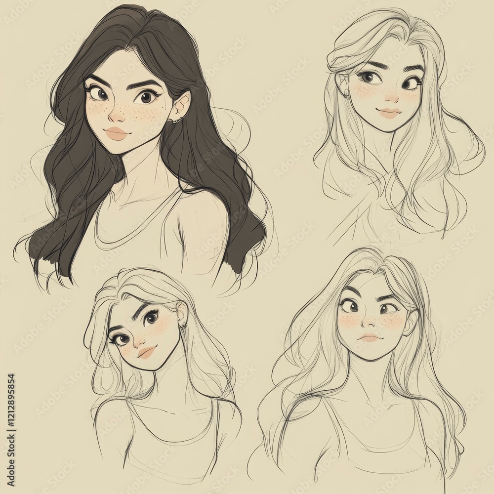 Sketches of Young Women with Varying Hairstyles and Expressions Sketches of Young Women with Varying Hairstyles and Expressions