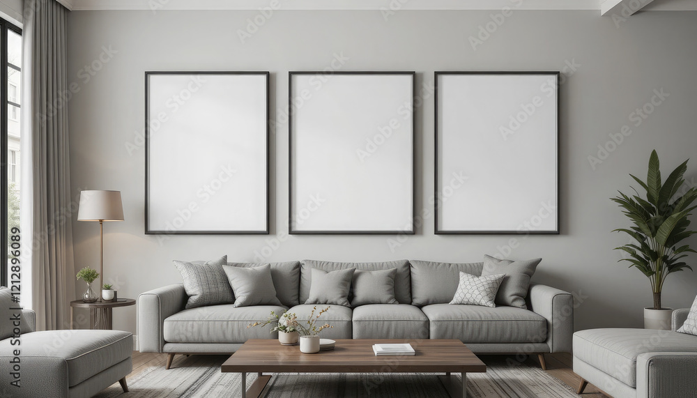 Frame Mockup on Living Room Wall, Modern Interior Design with 3D Render. Frame Mockup on Living Room Wall, Modern Interior Design with 3D Render.