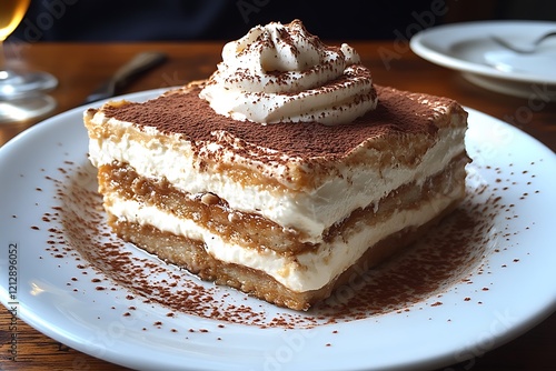 Delicious Tiramisu Dessert Served on White Plate photo