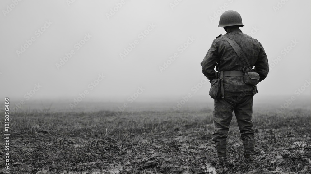 Soldier Standing Alone on Foggy Battlefield During Wartime Soldier Standing Alone on Foggy Battlefield During Wartime