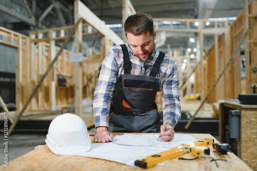 Modern modular houses. Architect wooden buildings. Man stands under frame wooden house. Man architect studies documentation or blueprints