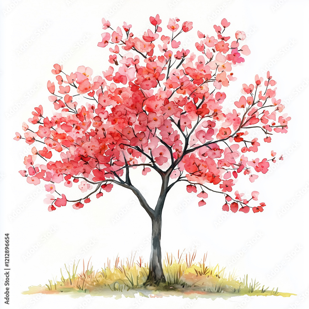 Fototapeta premium Watercolor spring tree with red flowers, isolated on white background.
