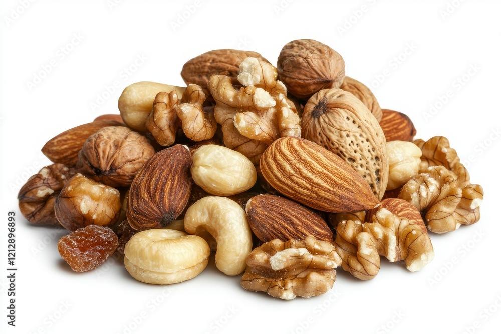 A selection of almonds, walnuts, hazelnuts, and raisins stacked together on a white transparent background, showcasing healthy food ingredients A selection of almonds, walnuts, hazelnuts, and raisins stacked together on a white transparent background, showcasing healthy food ingredients