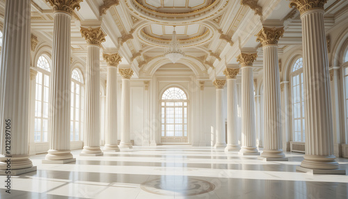 photo features a bright and airy interior space adorned with elegant columns