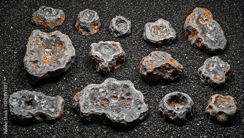 Rare iron meteorites with mysterious patterns on black gravel background photo