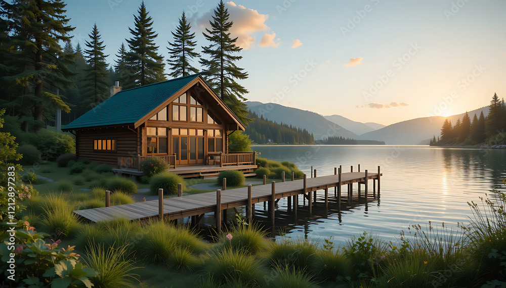 Fototapeta premium Scenic Lakefront Log Cabin Retreat at Sunset - Tranquil Nature