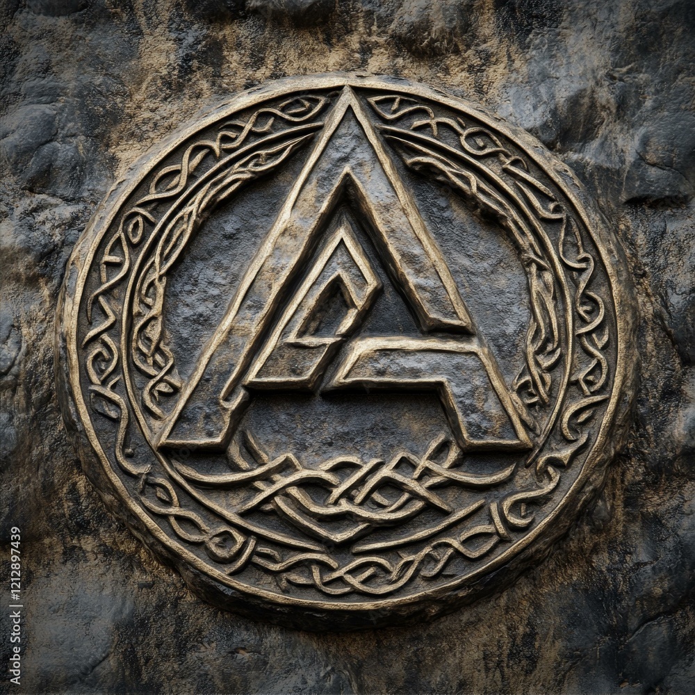 Stone Carving of A Letter in Ancient Style Surrounded by Celtic Knot Design on Rough Surface Stone Carving of A Letter in Ancient Style Surrounded by Celtic Knot Design on Rough Surface