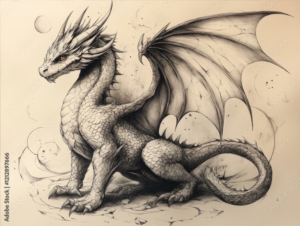 Obraz premium Serene Dragon Fantasy Art Pen and Ink Masterpiece