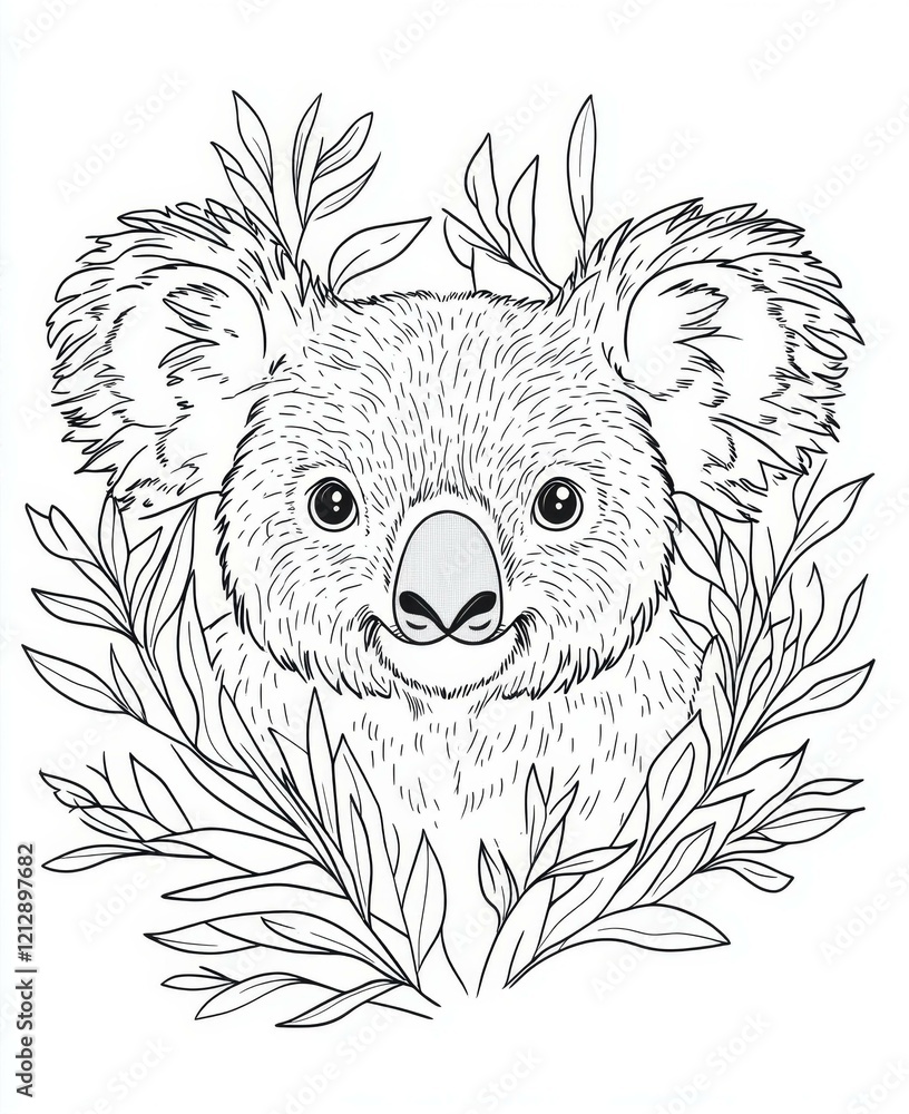 Fototapeta premium Stylized Koala Bear Surrounded by Leaves Line Art Black and White Coloring Page Design