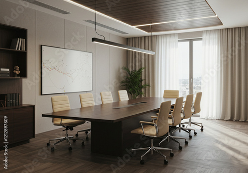 A bright and airy conference room with a modern aesthetic  showcasing a minimalist design approach