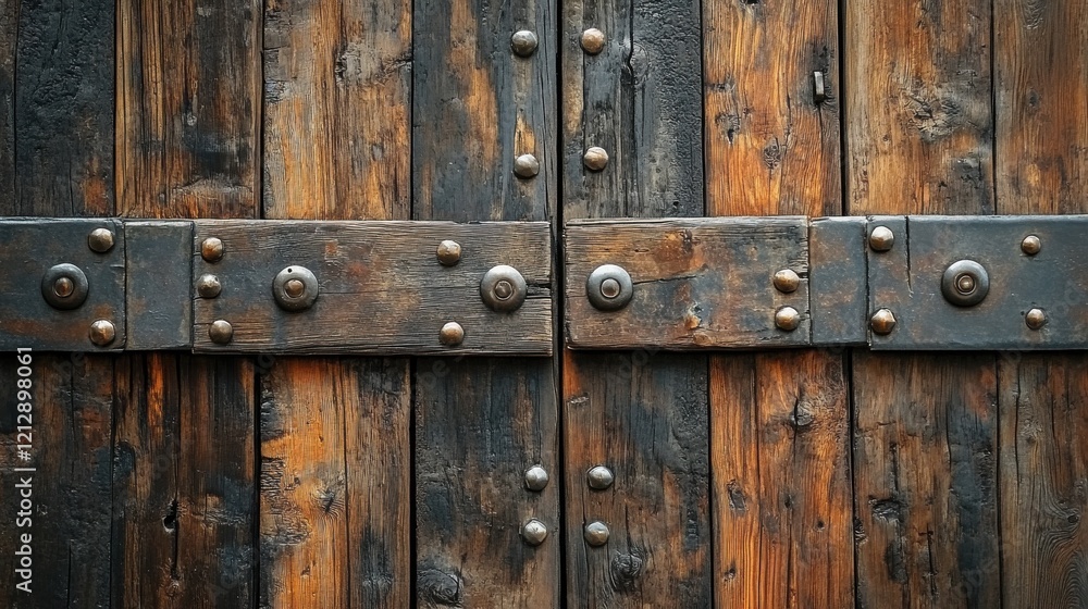 Rustic Barn Doors Showcase Unique Wooden Panels and Aged Metal Rivets, Farmhouse, Architectural Detail, Close-Up Rustic Barn Doors Showcase Unique Wooden Panels and Aged Metal Rivets, Farmhouse, Architectural Detail, Close-Up