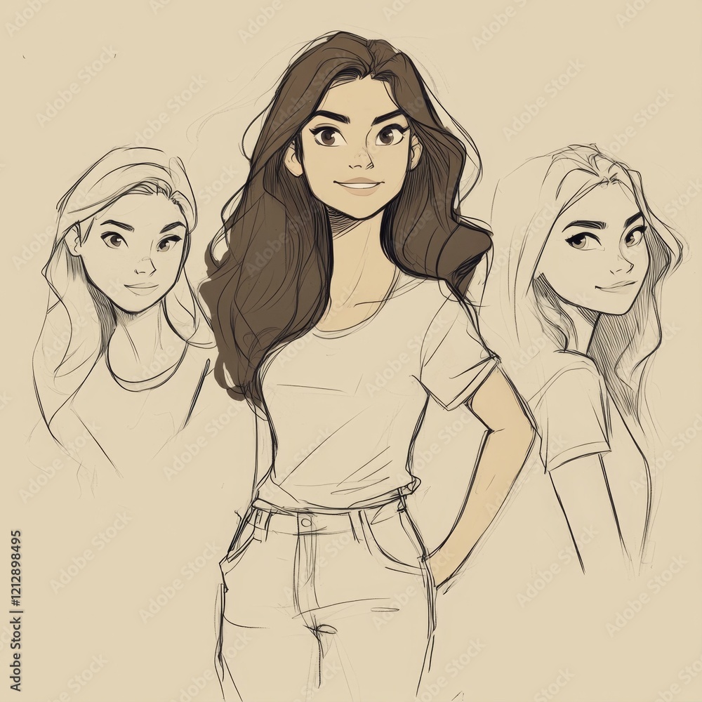 Three Female Figures in Sketches Standing Together Wearing White Shirts and Light Pants Three Female Figures in Sketches Standing Together Wearing White Shirts and Light Pants