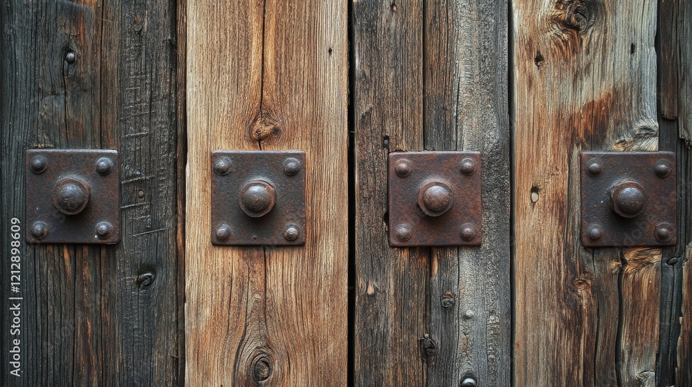 Rustic Barn Doors Featuring Unique Grains and Aged Metal Rivets, Interior Design, Home Decor, Rustic Environment, Close-Up View Rustic Barn Doors Featuring Unique Grains and Aged Metal Rivets, Interior Design, Home Decor, Rustic Environment, Close-Up View