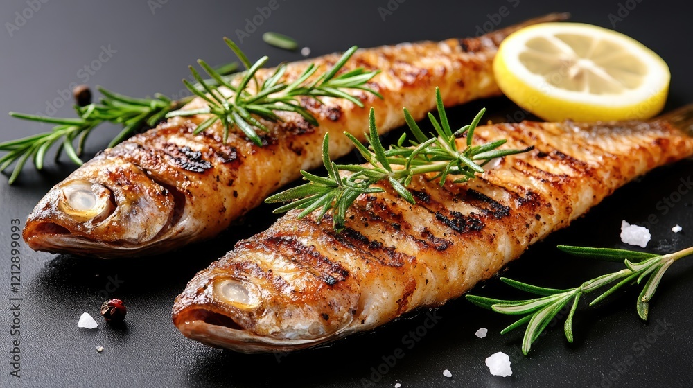 Two grilled fish are arranged neatly alongside fresh rosemary sprigs and lemon slices, creating a vibrant culinary display perfect for a summer meal Two grilled fish are arranged neatly alongside fresh rosemary sprigs and lemon slices, creating a vibrant culinary display perfect for a summer meal