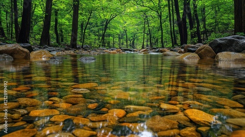 Crystal-clear forest stream, tranquil reflections, lush trees photo