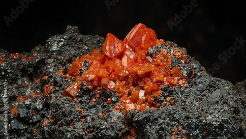 Vibrant cinnabar crystals among dark volcanic rock in underground cavern