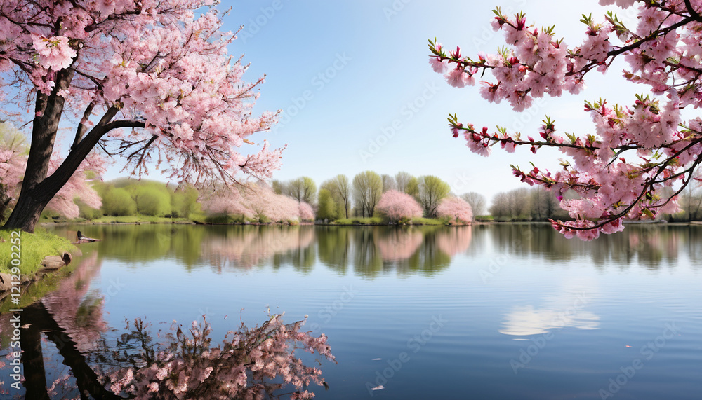 Tranquil Lake Reflecting Cherry Blossoms Under Clear Blue Sky Tranquil Lake Reflecting Cherry Blossoms Under Clear Blue Sky