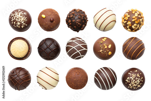 An assortment of 16 different chocolate truffles arranged in a 4x4 grid on a white background.