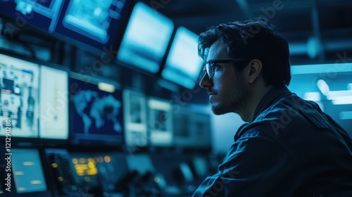 Man in a dark room with multiple screens displaying maps and data points looking left photo